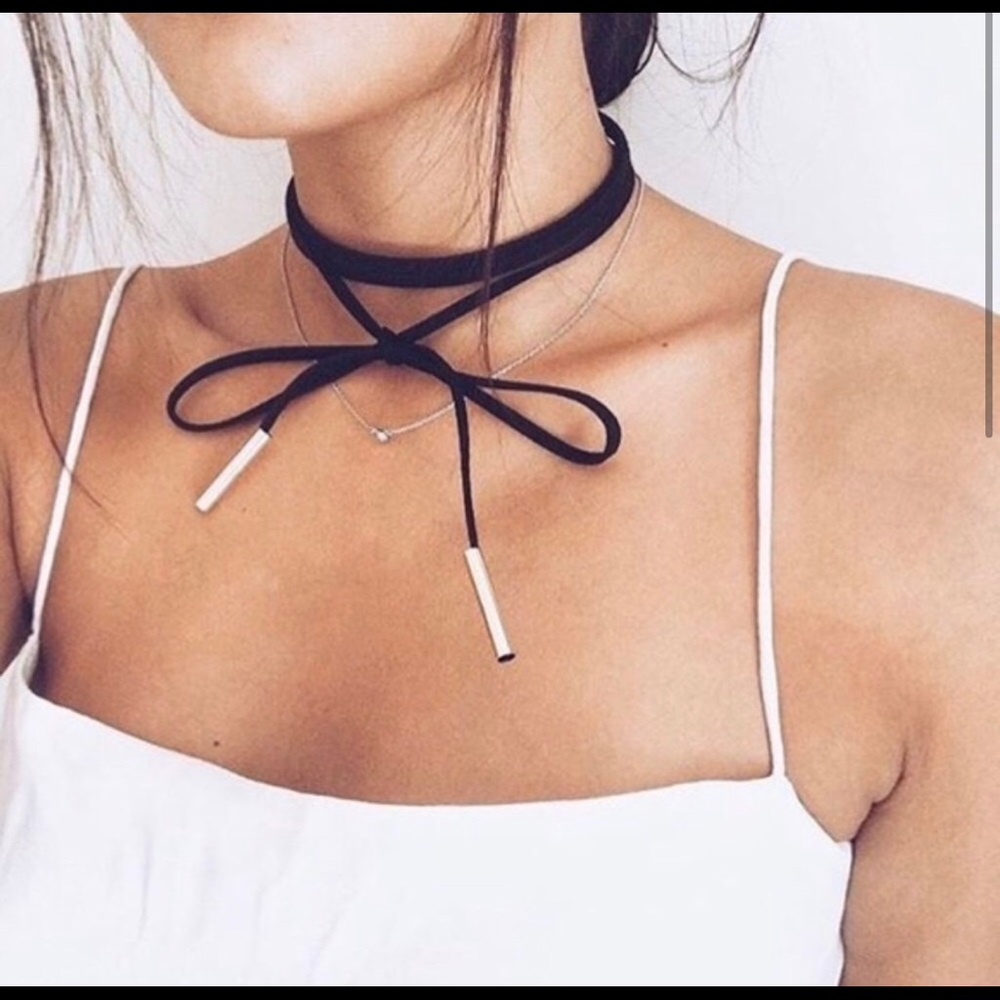 Black suede wrap tie choker necklace